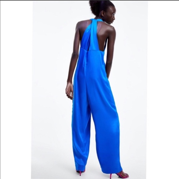 NEW ZARA Blue Flowing Satin Effect Jumpsuit - Picture 2 of 12